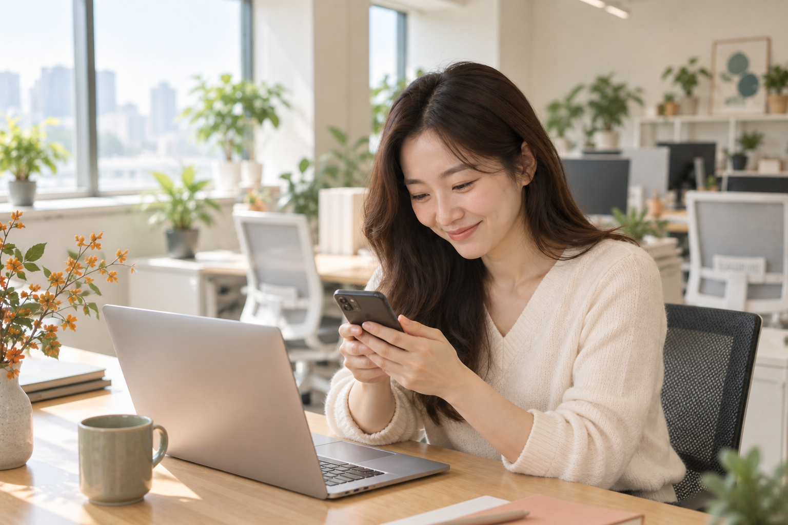 모바일로 전하는 직원 추석 선물의 활용 장면을 표현한 AI 연출 이미지입니다.