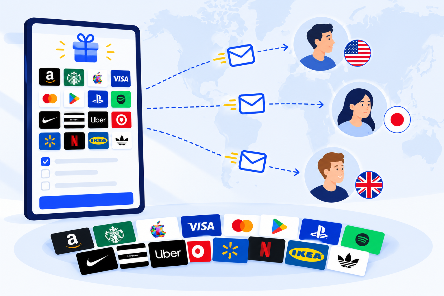 세계 지도 위 미국 일본 영국 참여자에게 이메일로 전달되는 기프트카드 개념도